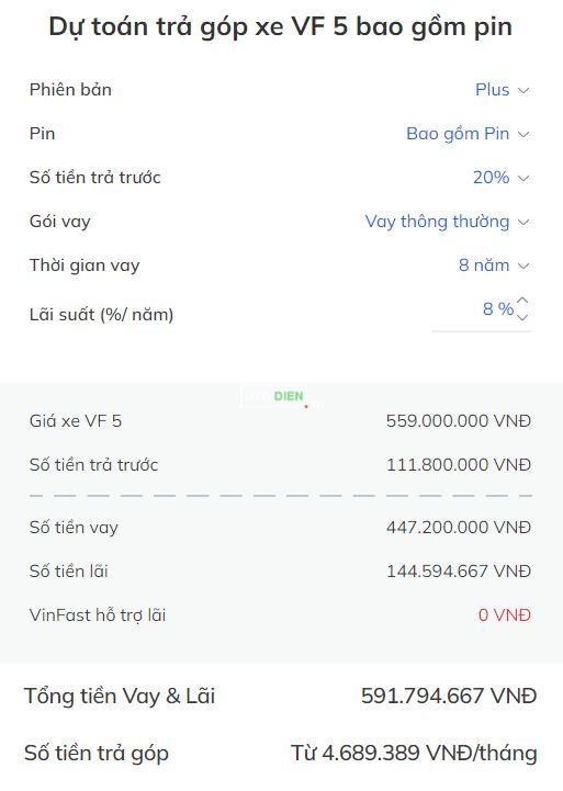 du toan tra gop vf 5 plus bao gom pin